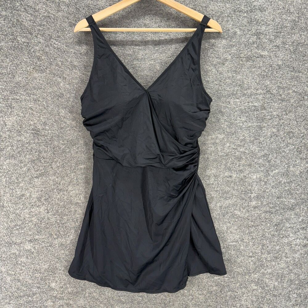 D&Co. Swimdress Women 12 Black Push Up Sleeveless V-Neck Lined Wide Strap Swim